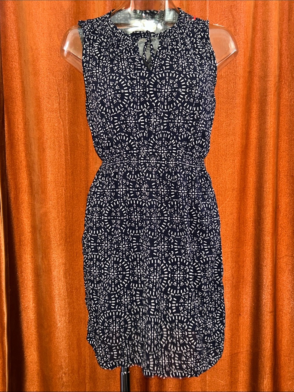 LOFT Navy and White Sleeveless Tie-Neck Printed Mini Dress